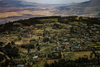 Aerial view of a lush, green agricultural landscape in Kenya's Rift Valley, with scattered homes, farms, and tree-lined plots. In the distance, the terrain flattens into a dry, golden plain bordered by hazy mountain ranges under a muted sky.