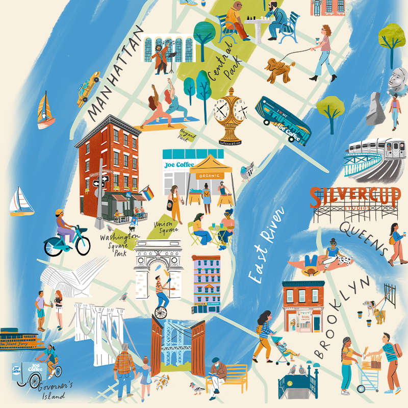Map of NYC will illustrations of iconic landmarks